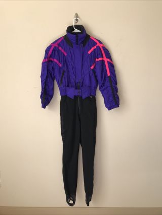 Vintage Obermeyer Sport One Piece Ski Snow Suit Finale Womens Blue Pink Neon S M