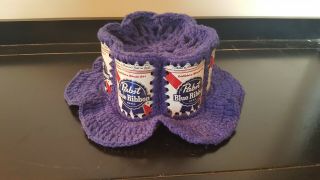 Vintage 70s Pabst Blue Ribbon Beer Can Hat Crochet Knit Retro Handmade Hipster