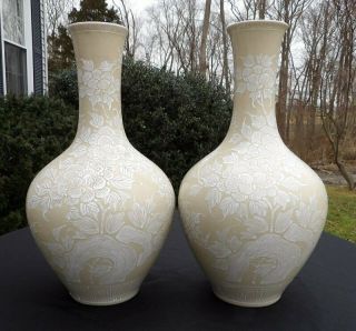 2 Vintage Asian Oriental Chinese Lotus Flower Pottery Porcelain Vase Lamp Part