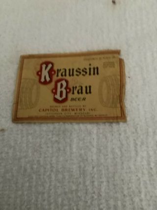 Kraussin Brau Beer,  Jefferson City Missouri 12oz Label