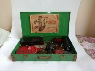 Vintage 1934 A C Gilbert Erector Set With Green Metal Case,  Instructions & Parts