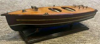 Vintage Hand Crafted Wood Model Speed Boat Runabout 17.  5 " On Stand