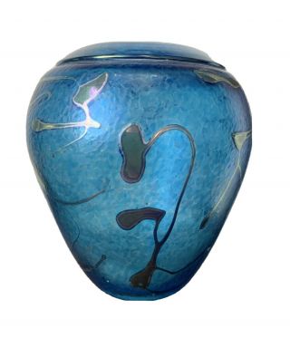 Robert Held Iridescent Peacock Blue Silver Art Glass Vase - Vintage - 4.  75 "