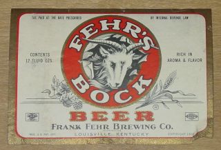 1 Beer Label,  Louisville,  Kentucky,  Frank Fehr,  Fehr 