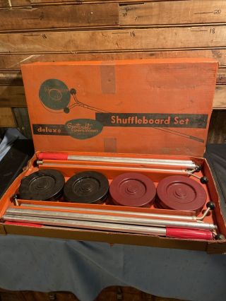 Vintage Sportcraft Sports Games Shuffleboard Set 4 Poles 8 Pucks Red Black