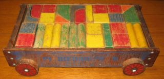 Vintage Holgate Wooden Wagon With 50 Wooden Building Blocks " Rare "