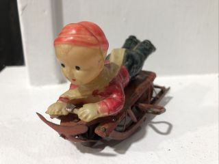 Vintage Wind Up Celluloid Tin Toy Occupied Japan Sleigh Boy On Sled Unique