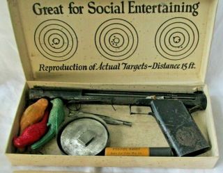 1923 Rubber Band Bulls Eye Bullseye Pistol Bb Gun W/ Box & 3 Celluloid Target
