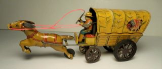 Vintage Japan Alps Conestoga Wagon Tin Litho Friction Toy