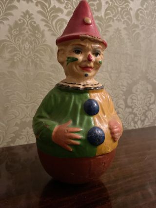 Vintage/Antique Paper Mache Roly Poly Clown Handpainted Beauty 3
