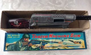 Vintage Mechanical Tin Tracer Machine Gun Bullet Shooting Toy 1950s Silver Eagle