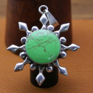 Vintage Mexico Large " Lime Green Turquoise " Sun Pendant Sterling Silver 2 5/8 "