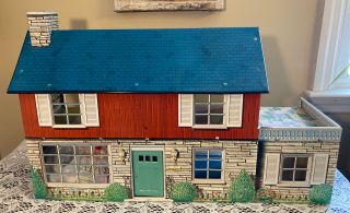 Vintage 1950’s Marx Tin Litho 2 Story Doll House & Accessories