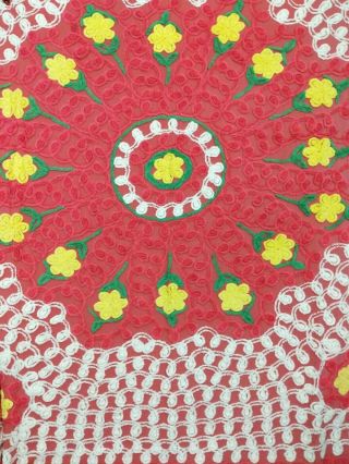 Vintage Chenille Bedspread Red Yellow White Floral Flower Center 98 X 88 " Thin