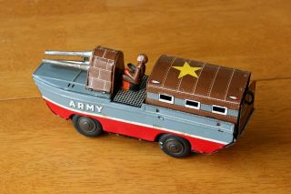 Vintage Army Friction Amphibious Vehicle Tin Litho 1950’s Sankei Japan Rare