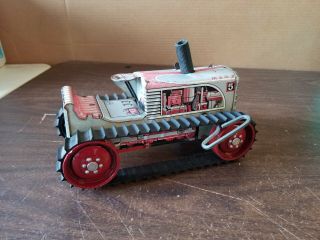Vintage Tin Wind Up Toy Marx 5 Tractor Dozer Litho Red Grey Good Tracks