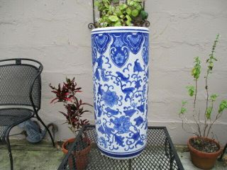 Vintage Ceramic Umbrella Stand Blue And White Floral 18 " Tall Makers Mark