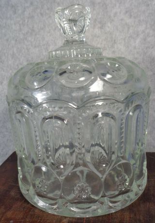 Large Vintage Moon And Stars Pattern Glass Biscuit Candy Jar With Lid L.  E.  Smith