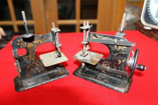 (2) Antique German Cast Iron Mini Hand Crank Sewing Machines Handpainted