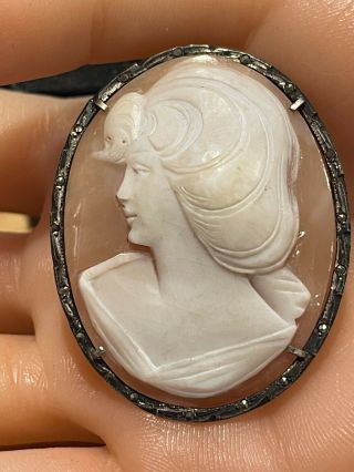 Vintage Art Deco Gorgeous Hand Carved Shell Cameo Pendant/pin With Marcasites