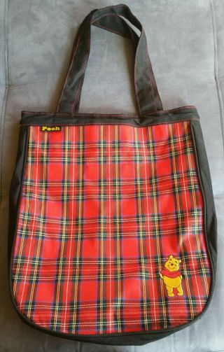 Disney Winnie The Pooh Bear Red & Black Plaid Tote Bag Shoulder Straps Exc Cond