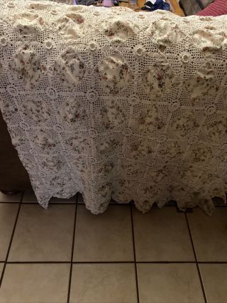 Vintage Queen Size Lace Bed Cover Crocheted With Squares Of Rose Covered Cotton