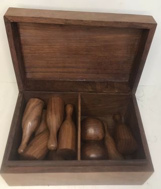 Vintage Wooden Bowling Game Ten 4” Pins & Two Balls In All Wood Storage Box
