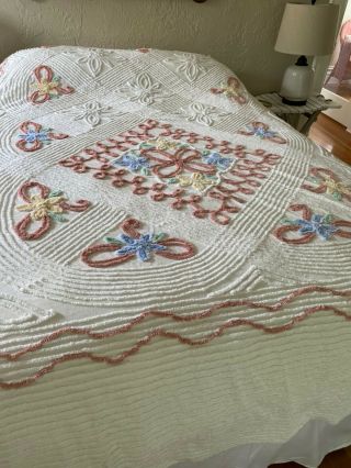 107 Vintage Pastel Ribbons And Bows Chenille Bedspread Double 99 X 90 "