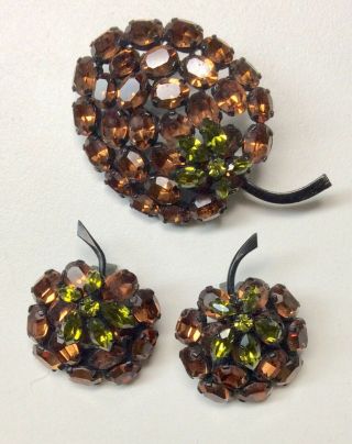 Vintage Signed Made In Austria Rhinestone Brooch Pin And Earring Set