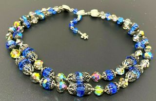 Vintage Signed Vendome Blue Crystal Beaded Silver Tone Necklace 16 "