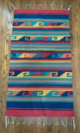 Vintage Mexican Woven Zapotec Wool Area Rug With Fringe 31 " X 56 "