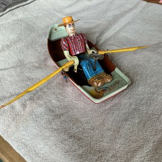 Vintage Trade Mark Japan Wind Up Tin Toy Cowboy In Row Boat Htf Rare Tin Paddles