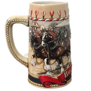 Budweiser Holiday Christmas Beer Stein Mug Anheuser Busch Clydesdales 1986
