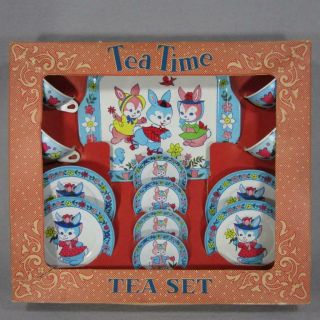 J.  Chein Tin Litho Tea Set W/ Peter Rabbit - Box - Easter - Dressed