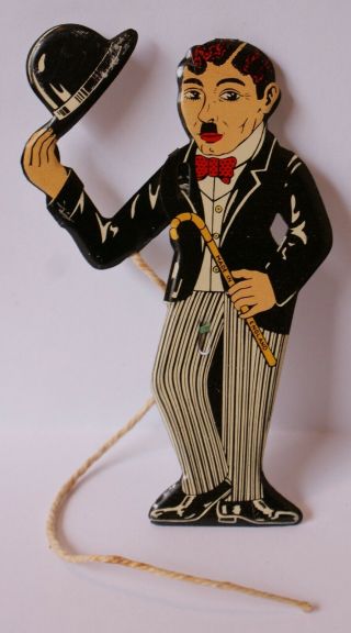 1930 ' s Charlie Chaplin Hat Tipper Tin Litho Toy W/Pull String Made in England NR 2