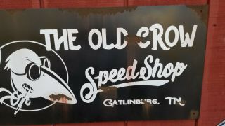The Old Crow Speed Shop Barn Find Look 12X24 Painted Gas Oil Hand Made Sign VTG 3