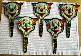 5 - Vintage U.  S.  Metal Toy Co.  Tin Litho Party Noise Makers.  Clown Themed.