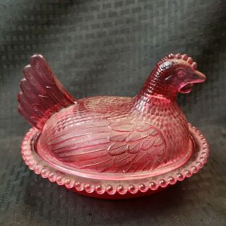 Vintage Indiana Glass Cranberry Hen On Nest Covered Candy Dish