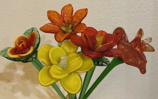 5 Vintage Art Glass Long Stem Flowers Orange Yellow 19.  5” Decorations