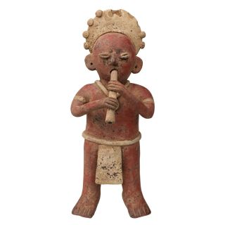 Vintage Large Pre Columbian Mayan Aztec Terracotta Figure Statue Playing Flute