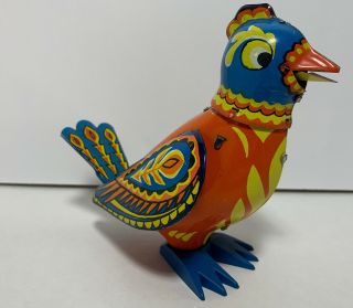Rare Singing Bird Tin Toy Colorful Made In Russia Wind - Up Vtg Blue Orange W/ Box