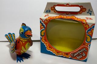 Rare Singing Bird Tin Toy Colorful Made In Russia Wind - up Vtg Blue Orange W/ Box 2