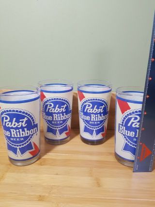 Set Of 4 Vintage Pabst Blue Ribbon Beer Barware Full Coverage Glasses 5 " Tall
