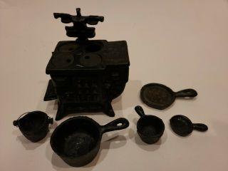 Vtg Queen Cast Iron Toy Stove Salesman Sample Pot Skillet Bucket Pail Miniature