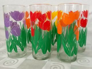 Vintage Set Of 6 Libbey Tulip Flowers Tall Collins Htf Pattern Bright Rare