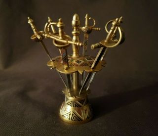 Toledo Sword Cocktail Bar Olive Picks Brass Miniature Holder With Bell