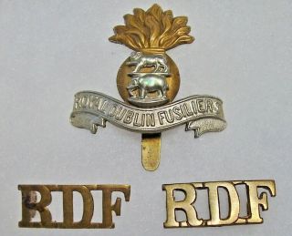 Vtg Ww1 Royal Dublin Fusiliers Irish Regiment Cap Badge & 2 Rdf Shoulder Titles