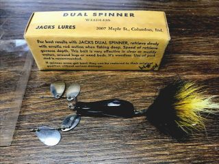 RARE BOXED VINTAGE FISHING LURE JACKS OLD TACKLE DUAL SPINNER BAIT 3