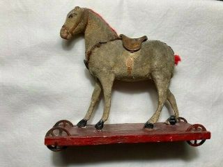 Antique Vintage Primitive Folk Art Paper Mache Horse Pull Toy