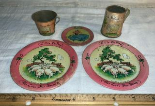 Antique Little Bo Peep 5 Pc Tin Litho Toy Ohio Art Tea Set Pot Cup Saucer Plates